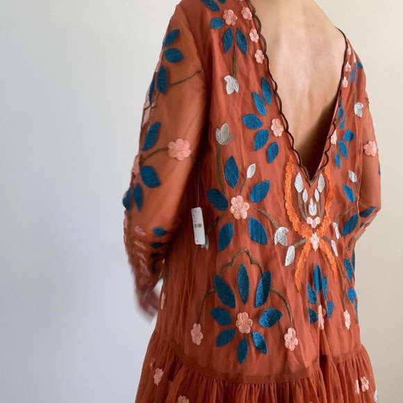 Free People | Tan bronze floral embroidered mini dress | Size S | NWT - Picture 2 of 8